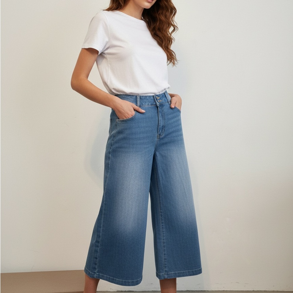 Wide Leg Cropped Women's Jeans - Light Blue